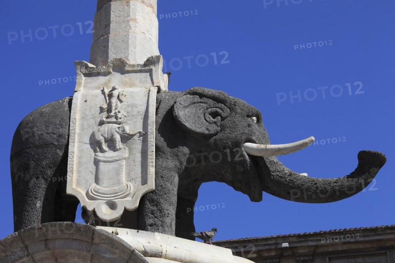 A lava rock elephant supporting an Egyptian obelisk on its back in the Piazza del Duomo