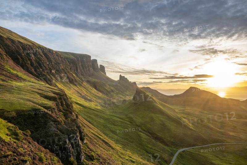 View of rocky landscape Quiraing at sunrise