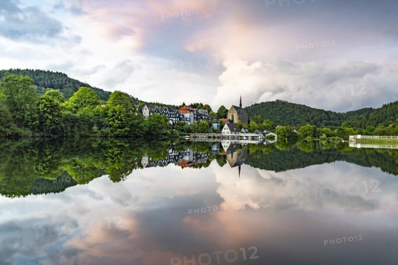 Reflection of the village of Beyenburg in the Beyenburg reservoir on the river Wupper