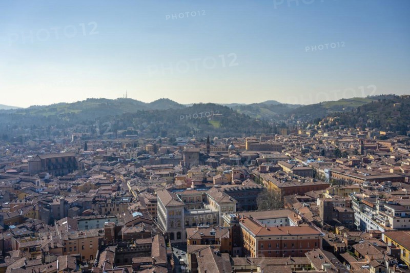 View from the Asinelli Tower over the roofs of residential buildings in the old town