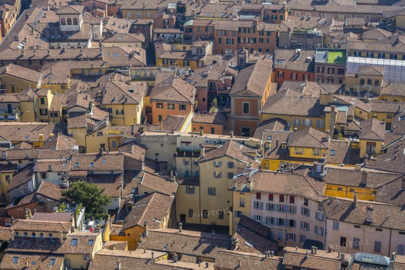 View from the Asinelli Tower over the roofs of residential buildings in the old town