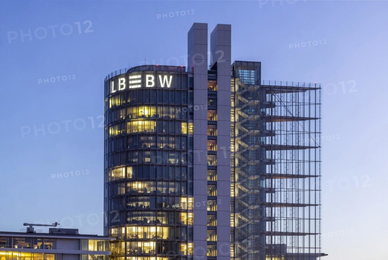 Landesbank Baden-Wuerttemberg LBBW building in the evening