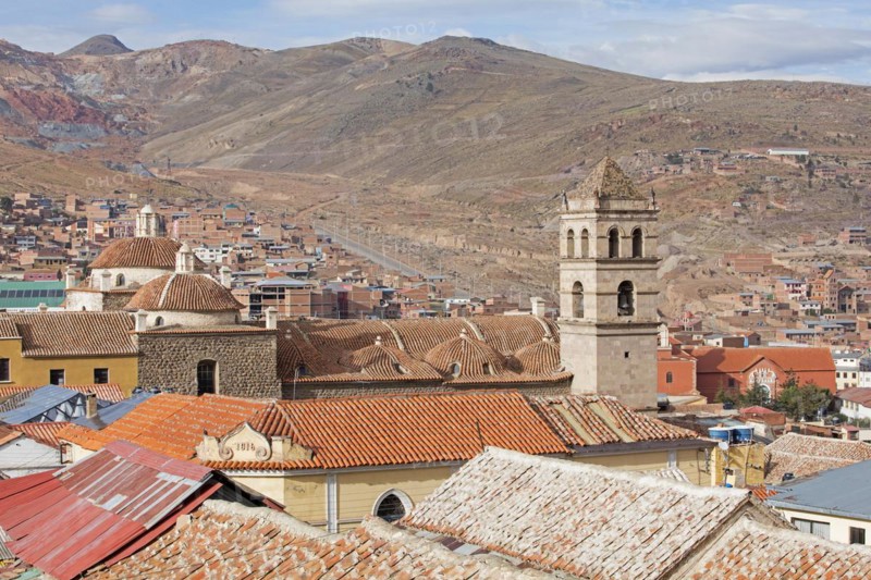 Aerial view over the city Potosi and the Cerro Rico silver mine