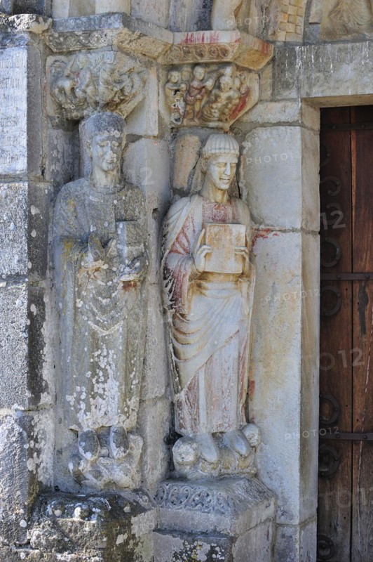 Sculptures in the porch of the basilica Saint-Just de Valcabrere in Romanesque style at Comminges