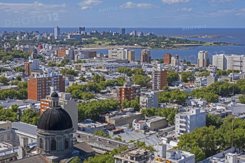 Aerial view over capital city Montevideo on the northeastern bank of the Rio de la Plata