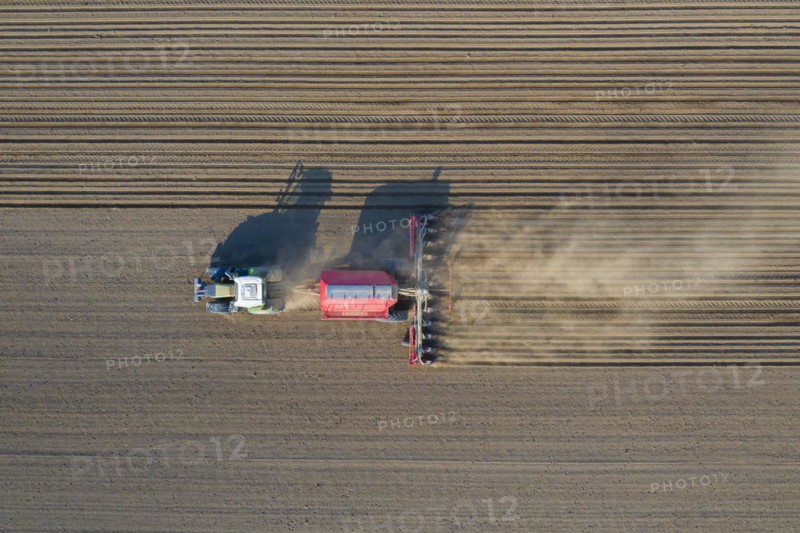 Aerial view over tractor with pneumatic seed drill