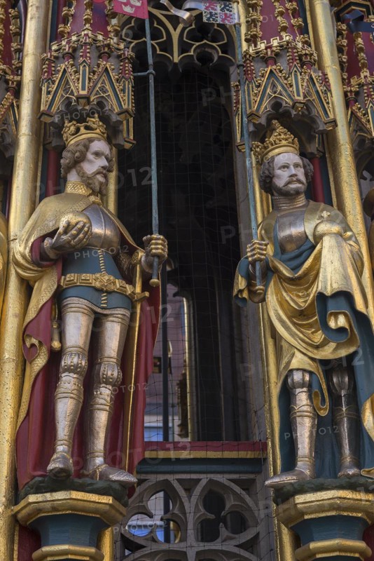 Figures at the Beautiful Fountain: King Arthur on the left