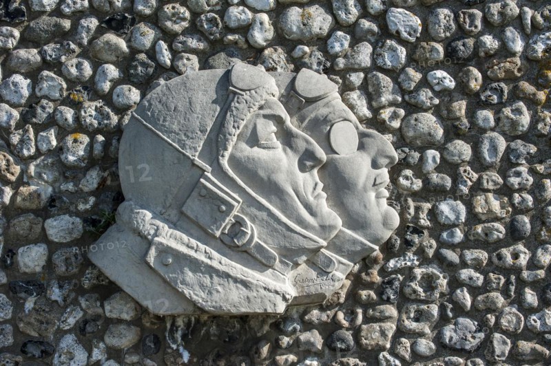 Sculpture showing the French aviators Francois Coli and Charles Nungesser who disappeared during an attempt to make the first non-stop transatlantic flight between Paris and New York at Etretat