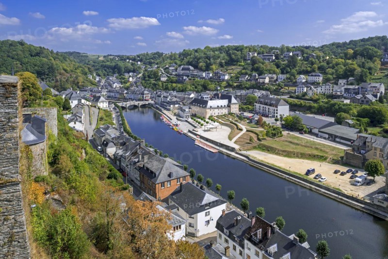 Aerial view from the Chateau de Bouillon Castle over the city Bouillon and the Semois river