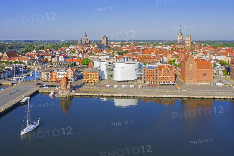 Aerial view over waterfront and public aquarium Ozeaneum in harbour of the Hanseatic City of Stralsund in summer