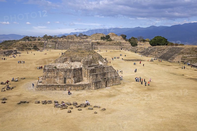 Tourists visiting the Monte Alban pyramid complex