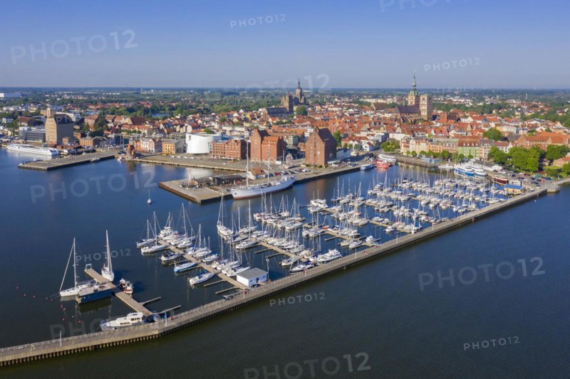 Aerial view over marina in the harbour of the Western Pomeranian city Stralsund along the Strelasund in summer