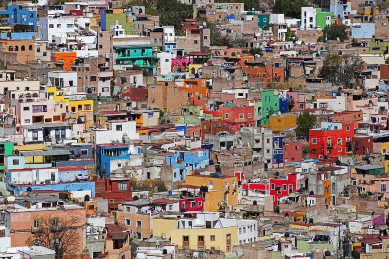 Aerial view over the rooftops of houses in city centre of Guanajuato