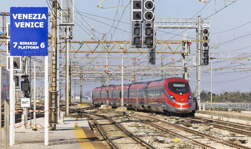 Trenitalias Frecciarossa 1000 high-speed train entering Santa Lucial station