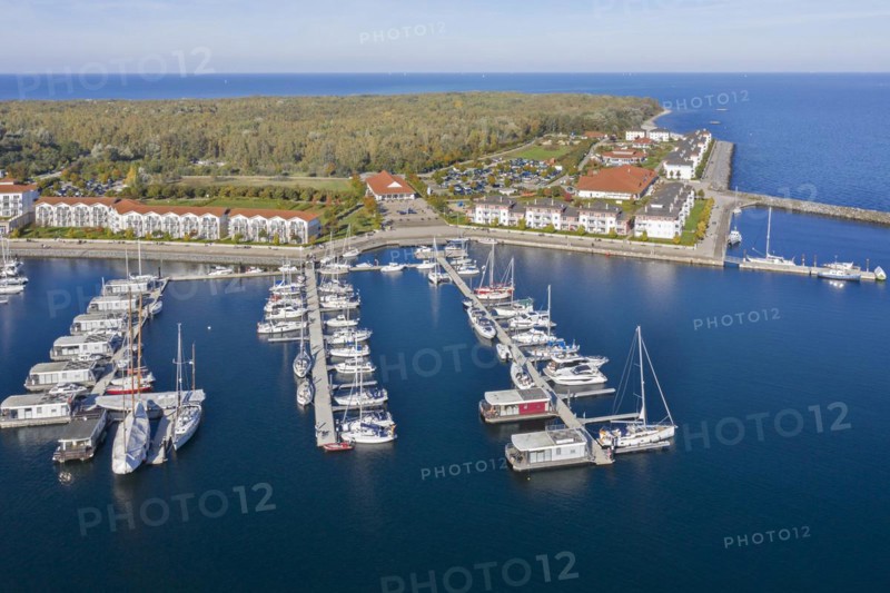 Weisse Wiek holiday resort at Boltenhagen along the Baltic Sea showing hotels and sailing boats in marina