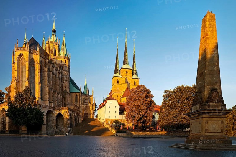 Erfurt Cathedral and Severi Church with Erthal Obelisk in early morning light
