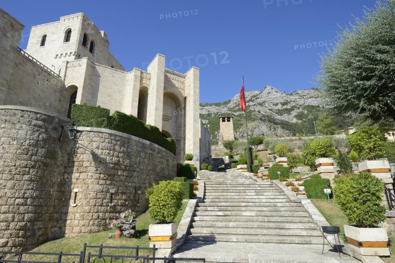 Stairs to the entrance of the Skanderbeg Museum in the fortress of Kruja or Kruje