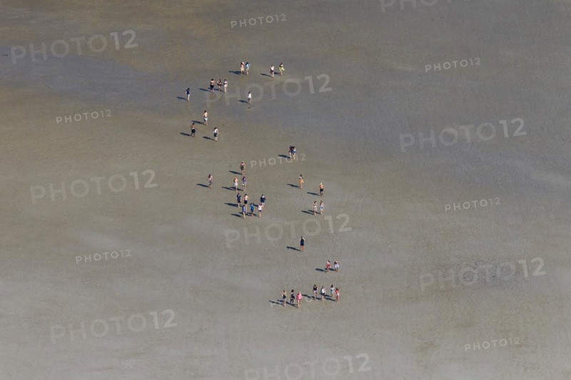 Aerial view over group of tourists walking with guide during guided tour on mudflat
