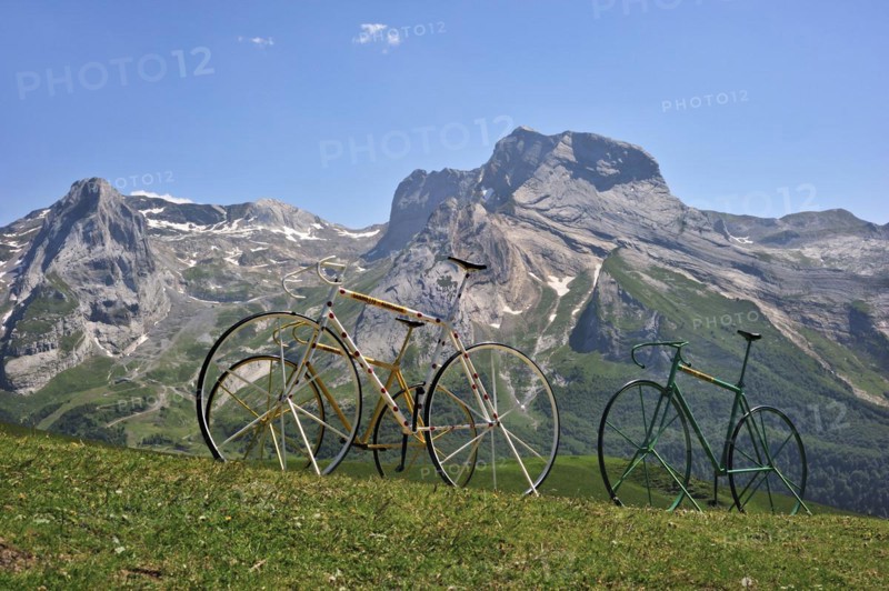 Giant bicycle sculptures at the Col dAubisque in the Pyrenees