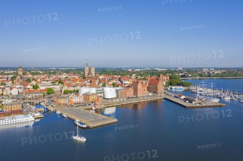 Aerial view over marina in the harbour of the Western Pomeranian city Stralsund along the Strelasund in summer