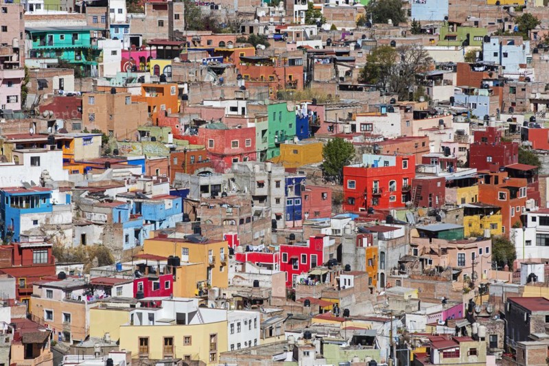 Aerial view over the rooftops of houses in city centre of Guanajuato