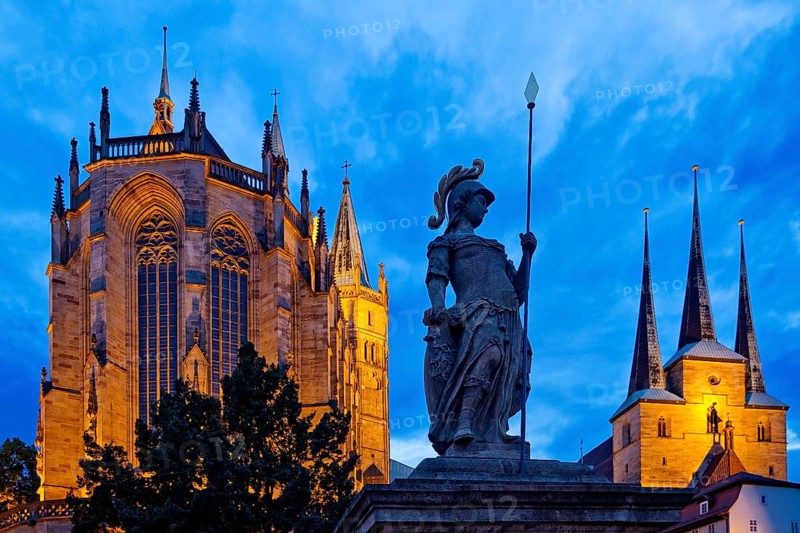Erfurt Cathedral and Severi Church with Minerva Fountain in the evening
