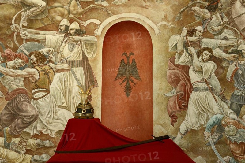 Copy of the helmet and sword of Skanderbeg in the museum of the fortress of Kruja or Kruje