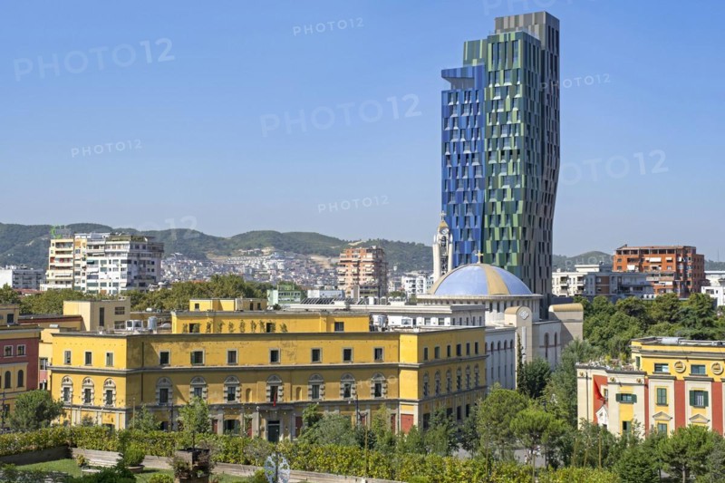 Skanderbeg Square with Ministry building and Alban Tower Tirana