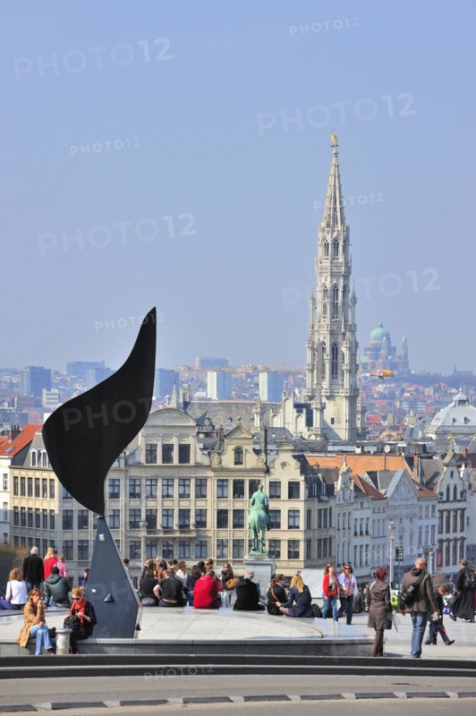 View over the Brussels Town Hall and the Koekelberg Basilica from the Kunstberg
