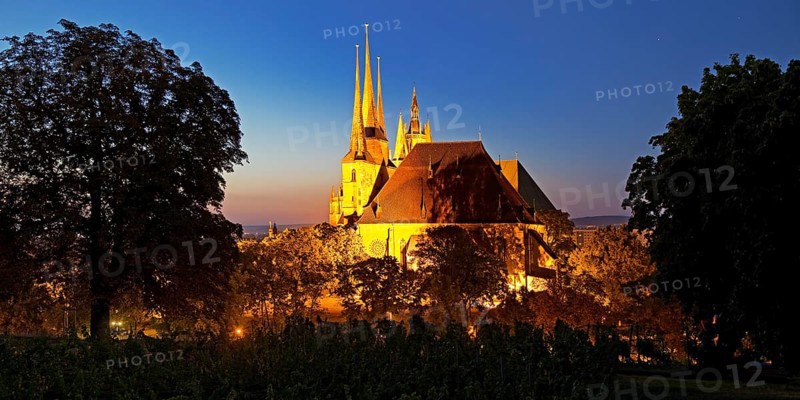 Severi Church and Erfurt Cathedral in the evening seen from Petersberg