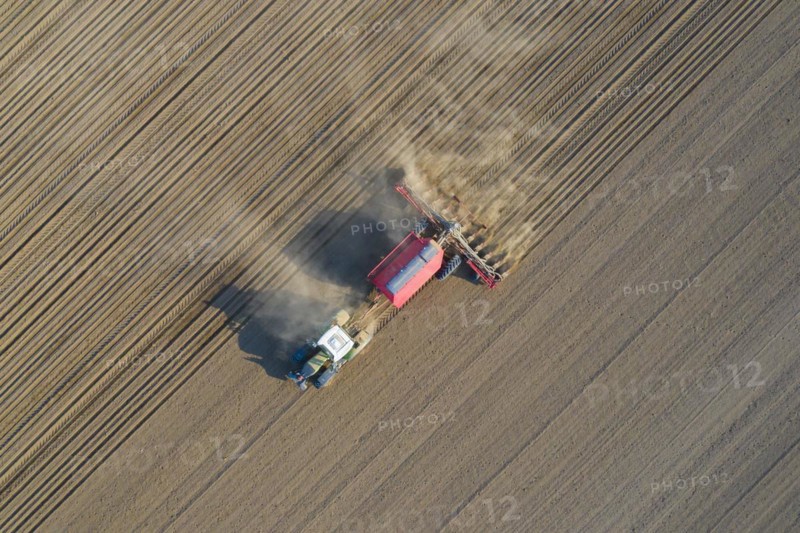 Aerial view over tractor with pneumatic seed drill