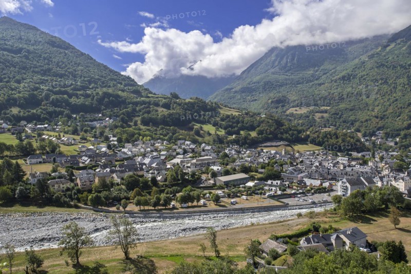Aerial view over the village Luz-Saint-Sauveur and the Bastan river