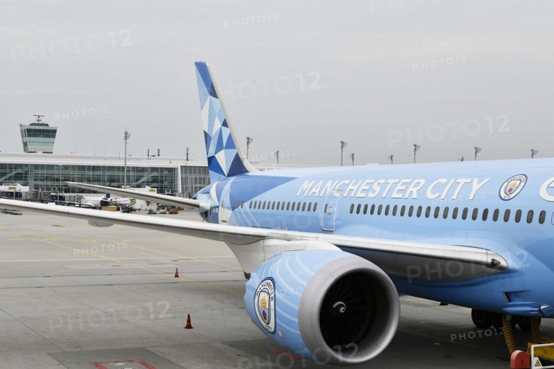Etihad Boeing B777-9 Dreamliner special livery Manchester City on position at Terminal 2