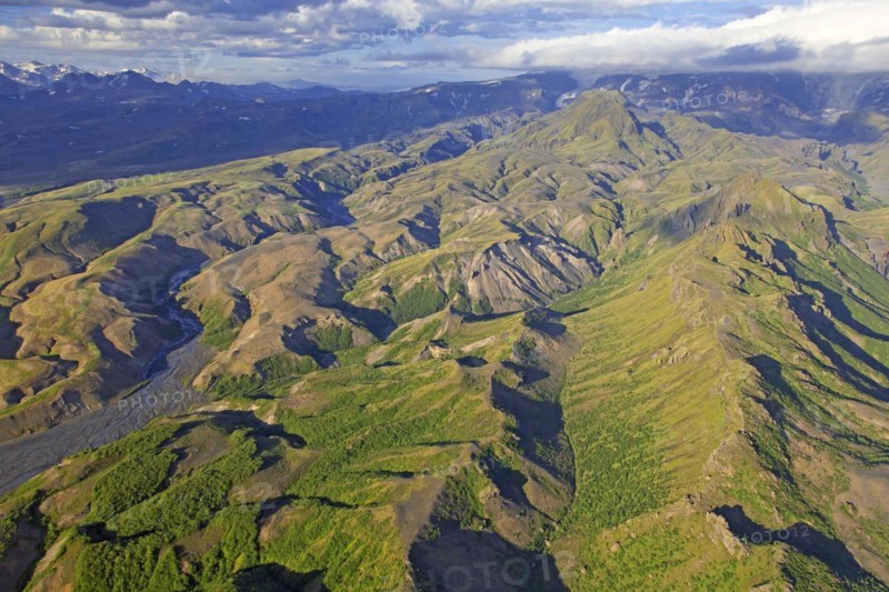 Aerial view over the mountain ridge Thorsmork