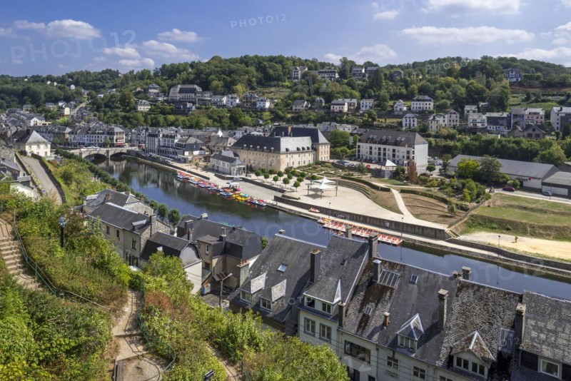 Aerial view from the Chateau de Bouillon Castle over the city Bouillon and the Semois river