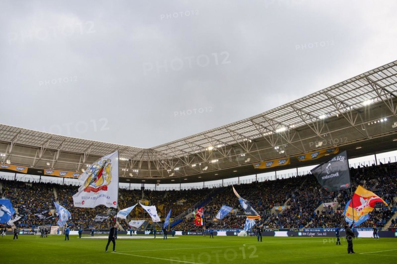 Flag wavers in front of the start of a Bundesliga match