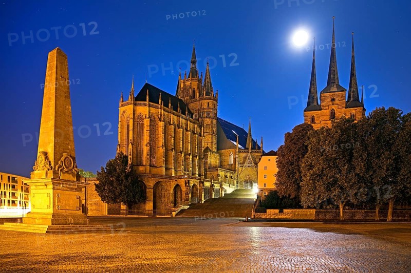 Erfurt Cathedral and Severi Church with Erthal Obelisk and Full Moon