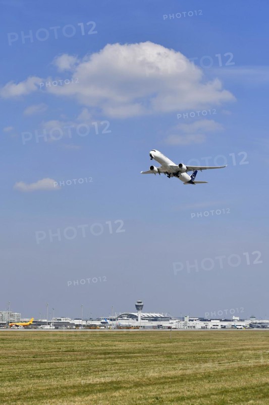 Lufthansa Airbus A350-900 taking off on runway south with tower