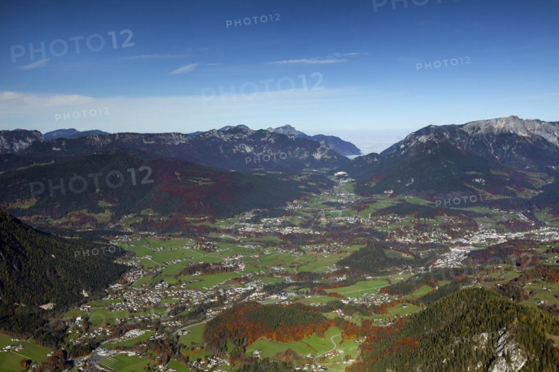 Aerial view from Mount Jenner over the village Schoenau and Mount Untersberg in autumn