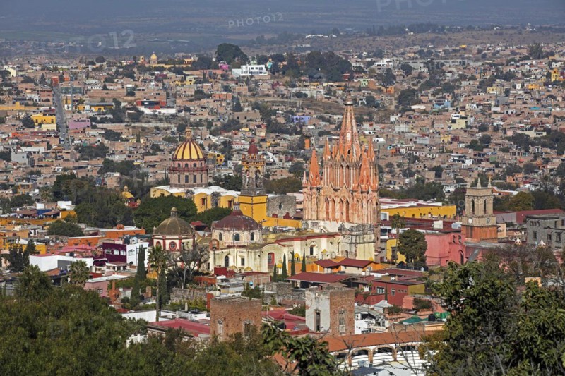 Aerial view over the city San Miguel de Allende and its neo-Gothic parish church La Parroquia de San Miguel Arcangel