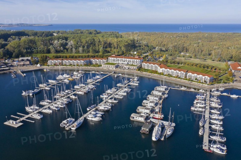 Weisse Wiek holiday resort at Boltenhagen along the Baltic Sea showing hotels and sailing boats in marina
