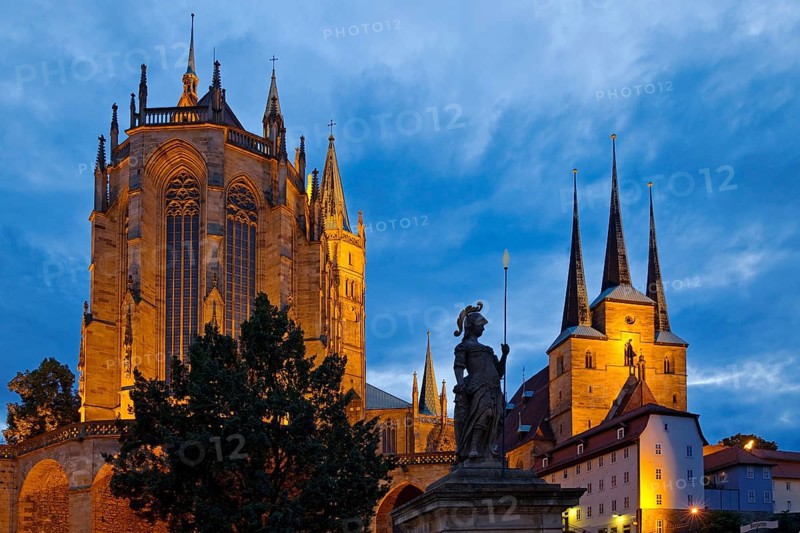 Erfurt Cathedral and Severi Church with Minerva Fountain in the evening