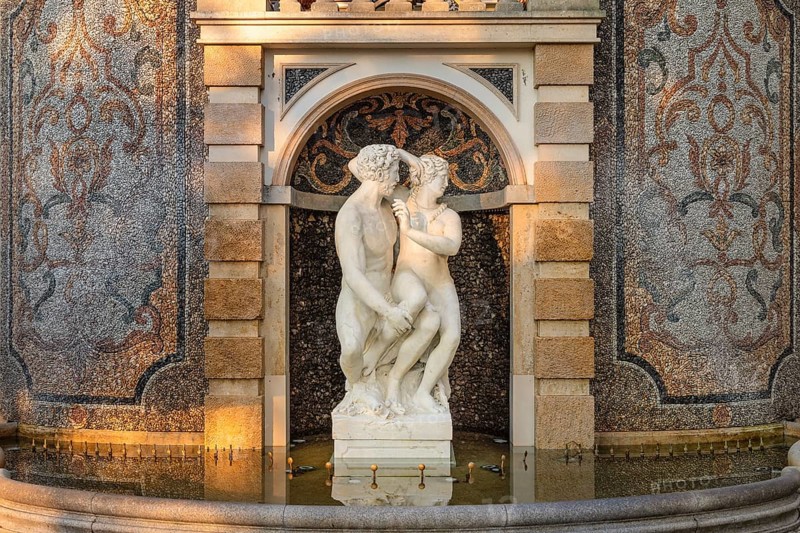 Fountain sculpture in the garden of the Grand Hotel Des Iles Borromees
