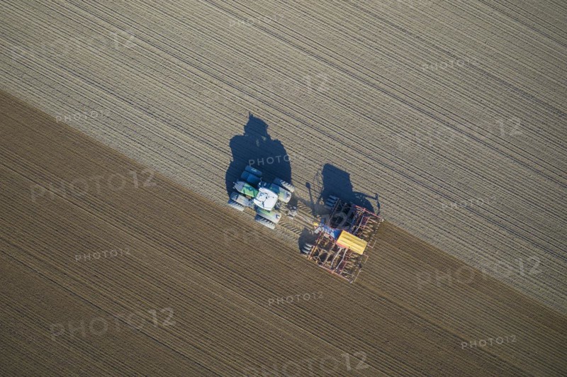 Aerial view over tractor with pneumatic seed drill