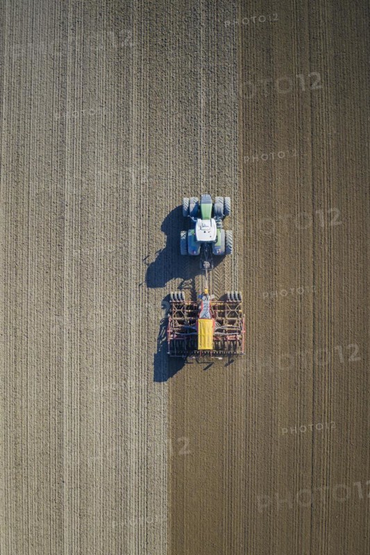 Aerial view over tractor with pneumatic seed drill