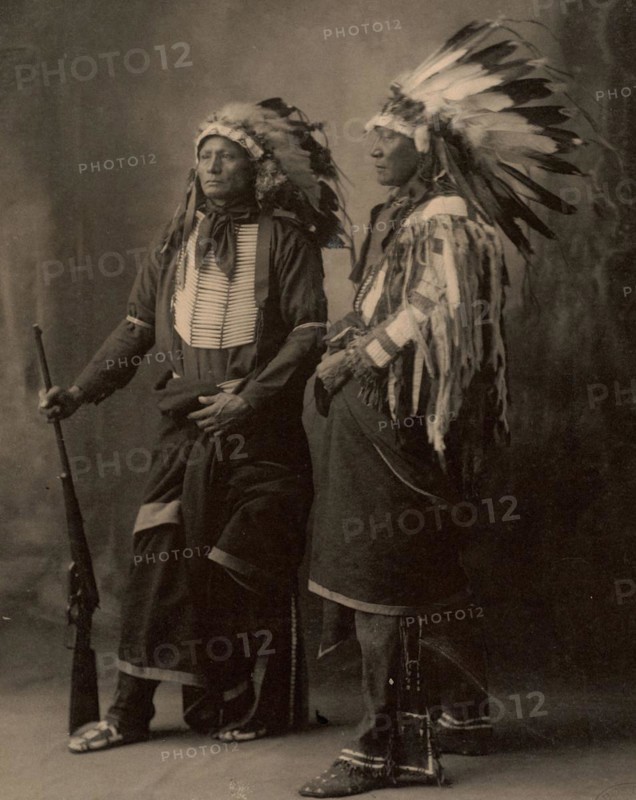 Chief Goes To War, Chief Hollow Horn Bear, two chiefs with feather headdresses, Sioux, North American Indian people, after a painting by F.A.Rinehart, 1899, Historic, digitally restored reproduction of an original from the period