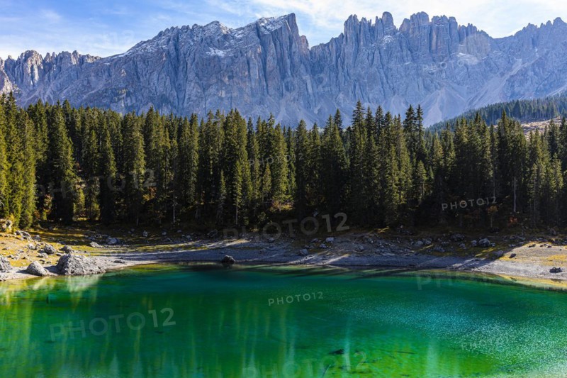 Emerald green Lake Carezza, behind a spruce forest and the peaks of the Latemar, Dolomites, South Tyrol, Italy, Europe