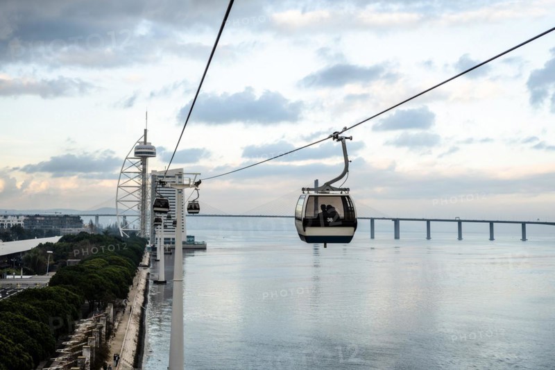 Cable car called Telecabine along Tagus River in Lisbon, the capital city of Portugal