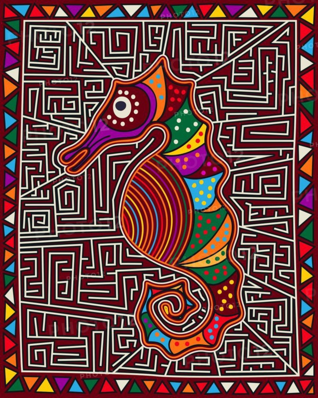 Seahorse Mola Indian style composition, vector illustration