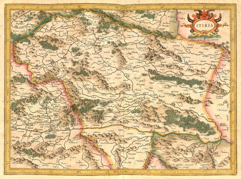 Atlas, map from 1623, Stiria, Steyr, Austria, digitally restored reproduction from an engraving by Gerhard Mercator, born Gheert Cremer, 5 March 1512, 2 December 1594, geographer and cartographer, Europe